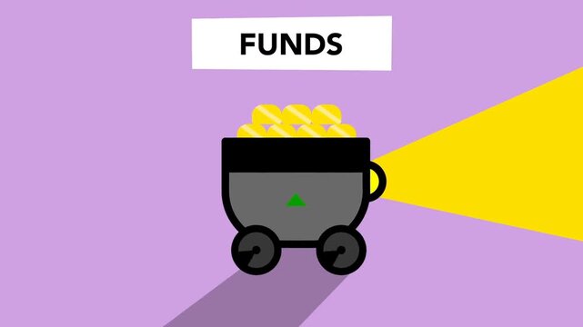 Video motion illustration vector depicting a trolley full of gold coins, symbolizing future funding and investment.