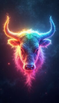 Rainbow bull head portrait floats in deep space. Vibrant cosmic nebula dust illuminates mythical taurus creature with bright neon glow. Spiritual astrology zodiac sign shines with magical energy