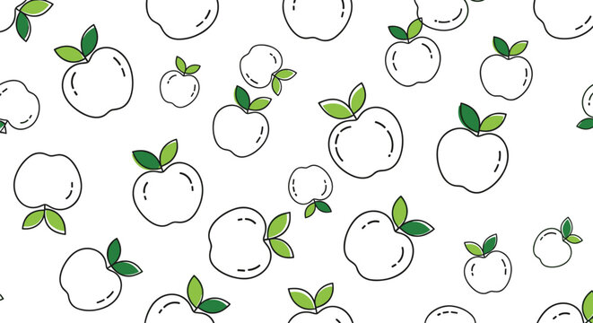 Minimalist seamless pattern of white apple outlines with bright green leaves scattered across a clean white background for fresh design.
