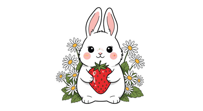 Cute illustration of a white rabbit holding a large red strawberry in a field of daisies on a plain white background for sweet design.