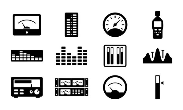 Audio Meter Icons, Sound Level Gauges, VU Meters, and Decibel Indicators, Vector Set for Music Production and Measurement