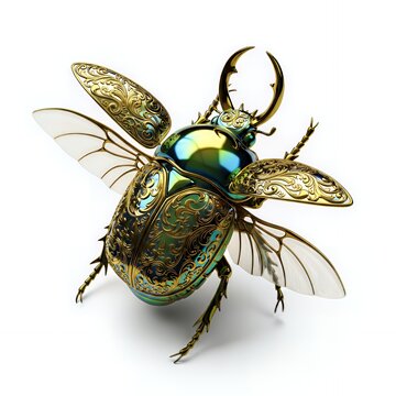 Exquisite Ornate Golden Stag Beetle Jewelry Design with Intricate Filigree and Iridescent Shell
