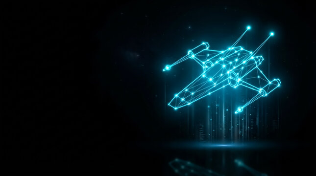 Digital wireframe jet aircraft floating above glowing binary code grid, studio lighting, futuristic mood, abstract tech visualization.