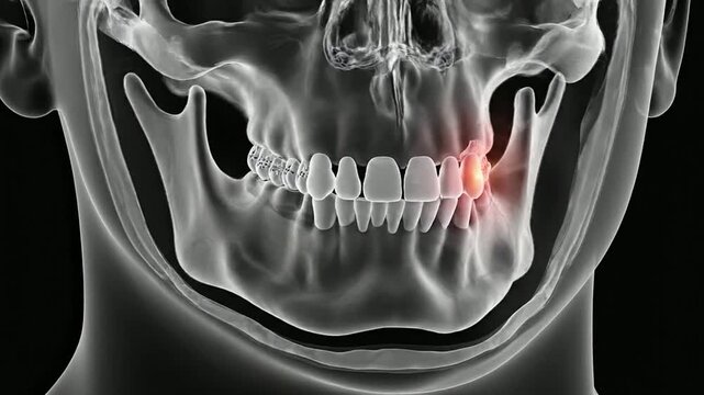Transparent Dental Scan Illustrating Facial Trauma with Inflammation in Lower Jaw and Face Region in High Definition 4K Quality for Medical and Educational Use