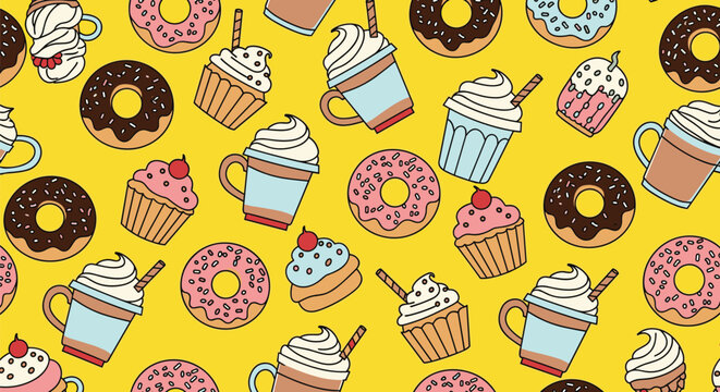 Vibrant yellow seamless pattern featuring coffee cups cupcakes and donuts for a delicious dessert and drink design in cafes and kitchens.