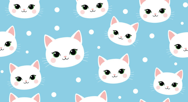 Seamless pattern of white kitten faces and polka dots on a blue background for an adorable pet themed design for kids and nursery rooms.