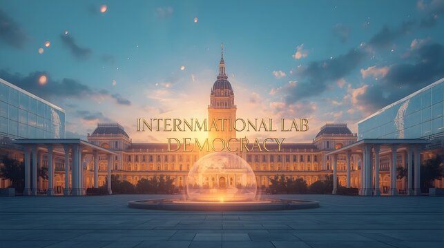 Grand government building plaza with glass globe fountain and International Lab Democracy typography