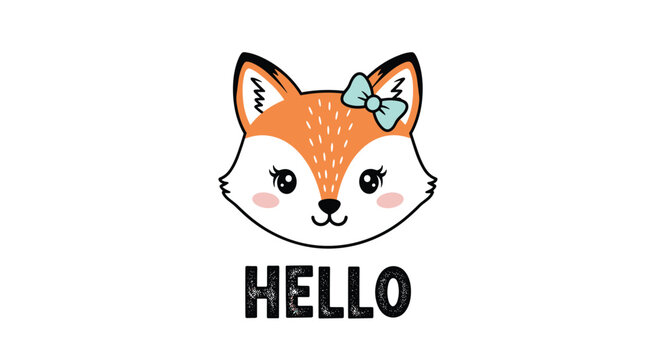 Adorable orange fox head with a blue bow and the word hello for a cute woodland animal character isolated on a white background.