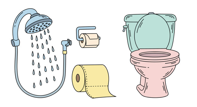 Modern bathroom fixtures including a shower toilet and toilet paper rolls for a colorful illustration of sanitary equipment and items.