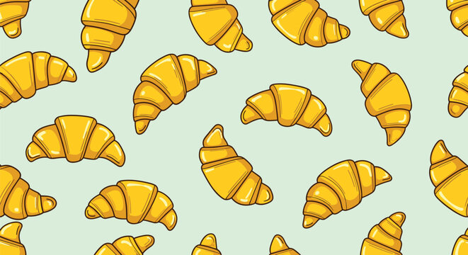 Seamless pattern of golden buttery croissants on a light green background for a delicious breakfast pastry design in bakery or kitchen.