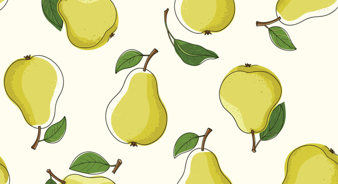 Seamless pattern of ripe yellow pears with green leaves on a light background for a fresh fruit orchard design in kitchens or fabrics.