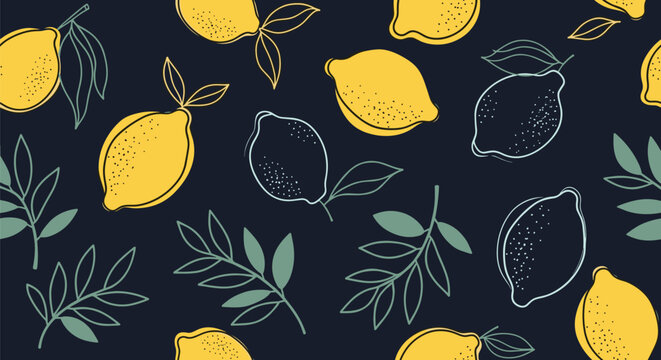 Artistic seamless pattern of whole and sliced lemons with leaves on a dark blue background for a vibrant citrus fruit themed design.
