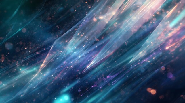 Abstract dark blue background with diagonal glowing crystal shards and sparkling bokeh lights