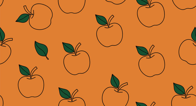 Bright seamless pattern showing orange apples with green leaves and thin black outlines repeated on a solid warm orange background.