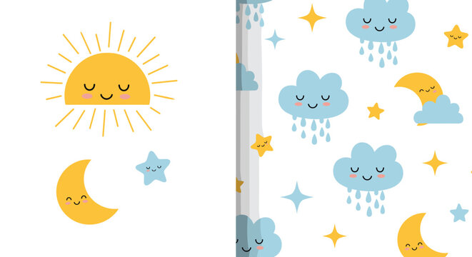 Soft and sweet nursery illustration featuring a smiling sun, crescent moon, and stars alongside a matching seamless pattern with rain clouds.