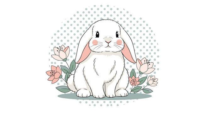 Precious white rabbit with pink cheeks sits among delicate peach flowers against a soft mint green polka dot background for easter themes.