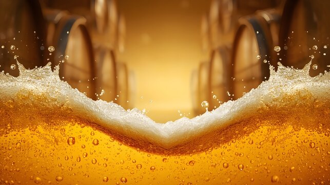 Golden beer splash with foam wave and bubbles on blurred wooden barrels brewery background