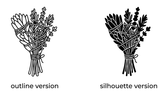 Sage Bundle Illustration: A graphic representation featuring both an outline and a silhouette version of a sage bundle, tied together with twine, ready for smudging rituals or decorative use.