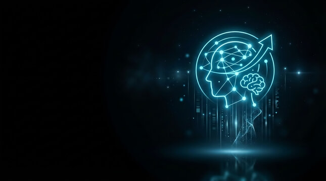 Neural, futuristic brain silhouette with upward arrow graphic