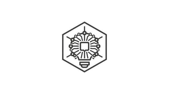 Minimalist artificial intelligence lightbulb logo icon inside a line art hexagon