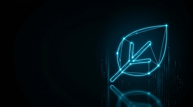 Digital neon leaf and pen illustration on dark, high-contrast background. Studio lighting emphasizes glowing lines, creating futuristic, minimalist composition for tech or creative use.