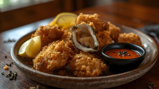 Gourmet crispy fried oysters served on a ceramic plate with dipping sauce and lemon