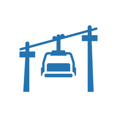 Simple blue icon of a ski lift gondola suspended between two pylons on a white background, representing winter sports and transportation © Zura