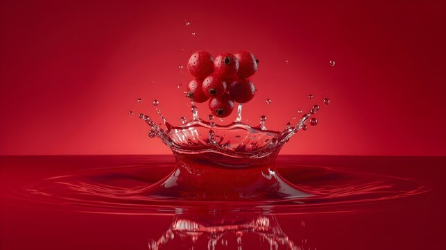Red berries falling into liquid making a beautiful splash with water crown on red background