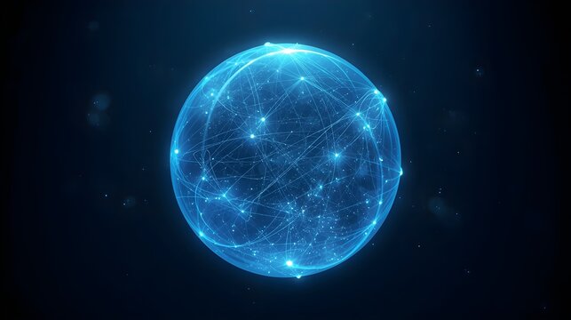 Abstract digital blue sphere with glowing global network connections and data nodes