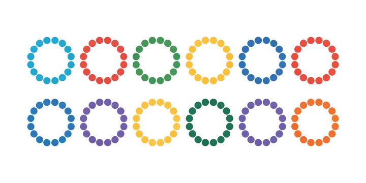 Loading icons featuring colorful progress indicators, circular spinners, buffer status symbols, web application interface, and vector illustration.