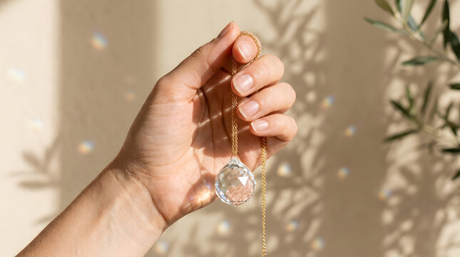 Hand holding faceted crystal suncatcher with light reflections