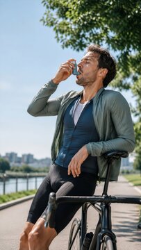 Man cyclist using asthma inhaler after riding bicycle outdoor. Male athlete struggling with breathing difficulty during workout. Medical treatment for respiratory illness and lung condition.