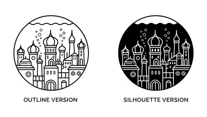 Underwater City Design: Two circular graphics depicting an intricate ancient city submerged underwater, one as an outline and the other as a silhouette, showcasing architectural wonder and mystery. © hammad