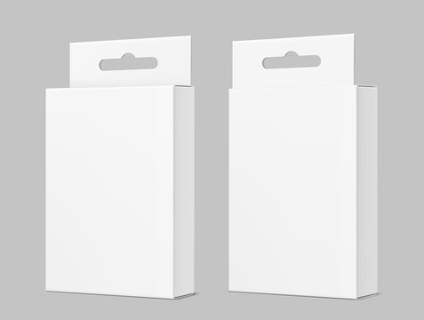 Hanging packaging box mockup set. Realistic vector illustration isolated on grey background. Can be use of cosmetics, electronic, mobile accessories. Scalable, editable. EPS10.