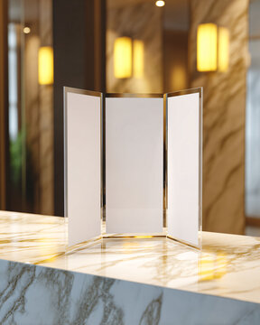 Ultra realistic investment marketing mockup, blank tri-fold brochure displayed in a clear acrylic holder on a marble reception counter inside a premium financial advisory office