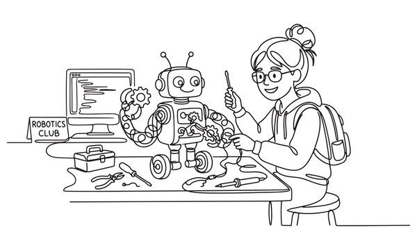 Continuous line of a girl student in a robotics club sitting at a desk and assembling a small robot with a computer screen showing code and a sign labeled robotics club nearby