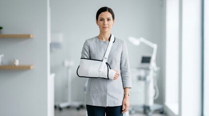 Fototapeta premium Woman with injured arm wearing medical arm sling in clinic. Patient recovering from accident or fracture. Healthcare and trauma support concept for physical therapy or rehabilitation.