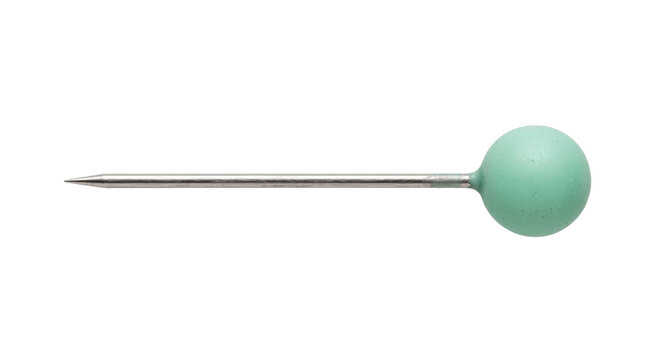 Single mint green pushpin with sharp metal point isolated on white background