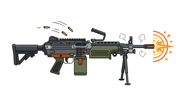 Modern Light Machine Gun Firing with Muzzle Flash and Ejecting Shell Casings