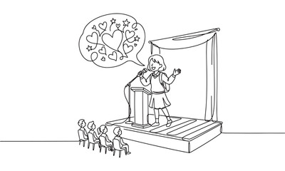 Continuous line of a young girl student standing on a stage behind a podium giving a speech to classmates with a thought bubble containing hearts and stars on white background