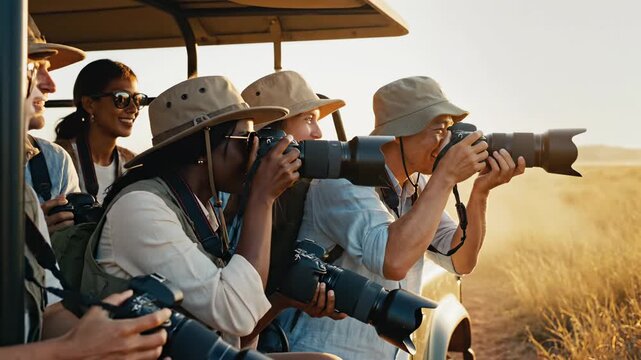 A diverse group of professional wildlife enthusiasts captures breathtaking moments of nature while riding in an open vehicle during their adventurous scenic safari tour through the grassy golden