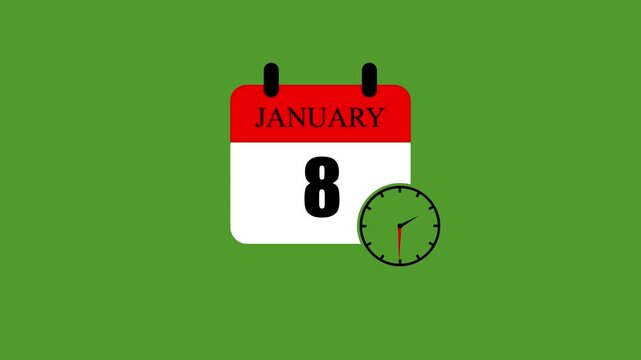 January 8 calendar icon template design vector illustration with spinning clock for planning schedule agenda timeline management, standard month appointment date remainder deadline tracking status.
