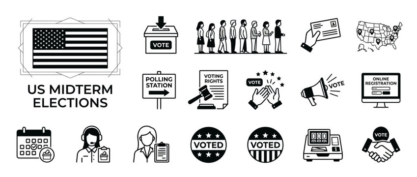US Midterm Elections Icon Set: Voting, Democracy, Government, USA