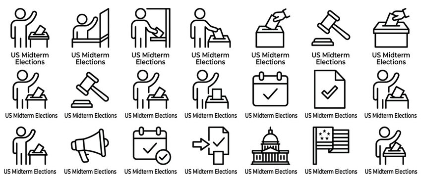 US Midterm Elections Icon Set: Voting, Ballot Box, Gavel, Calendar, USA Flag, Capitol Building