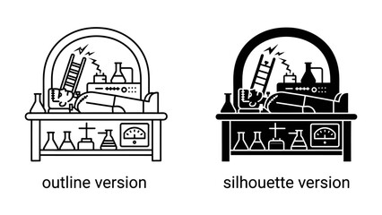 Mad Scientist's Experiment: An outline and silhouette depiction of a scientist lying on a table amidst laboratory equipment, with lightning striking from a ladder. © Nazmul