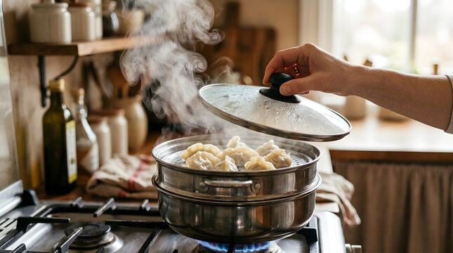 Steaming Hot Dumplings in a Metal Pot on Kitchen Stove