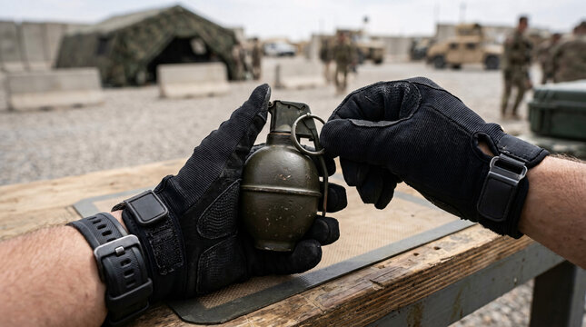 Soldier holding fragmentation hand grenade and pulling safety ring during combat drill