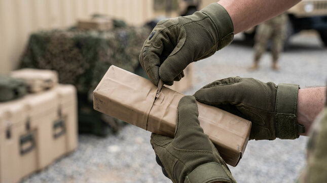 Military specialist preparing inert plastic explosive replica block during disposal training