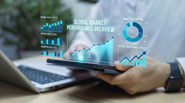 Businessman analyzing global market performance overview with holographic data charts, revenue flow and future projections on tablet screen in modern office environment.