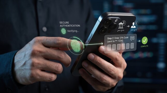 Secure mobile authentication process showing fingerprint scan and two factor code entry on smartphone for safe financial transaction and banking